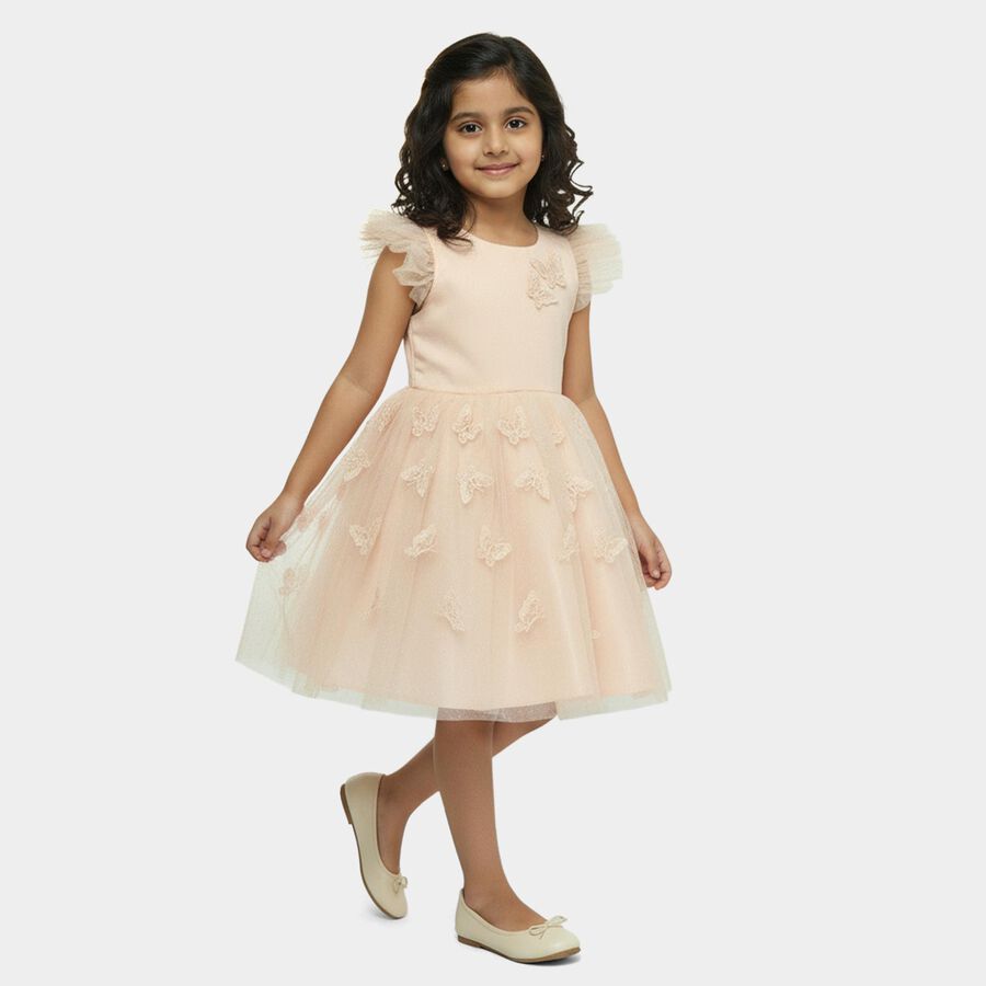 Girls' Navy Blue Regular Fit Floral Printed Tiered Frock, हल्का गुलाबी, large